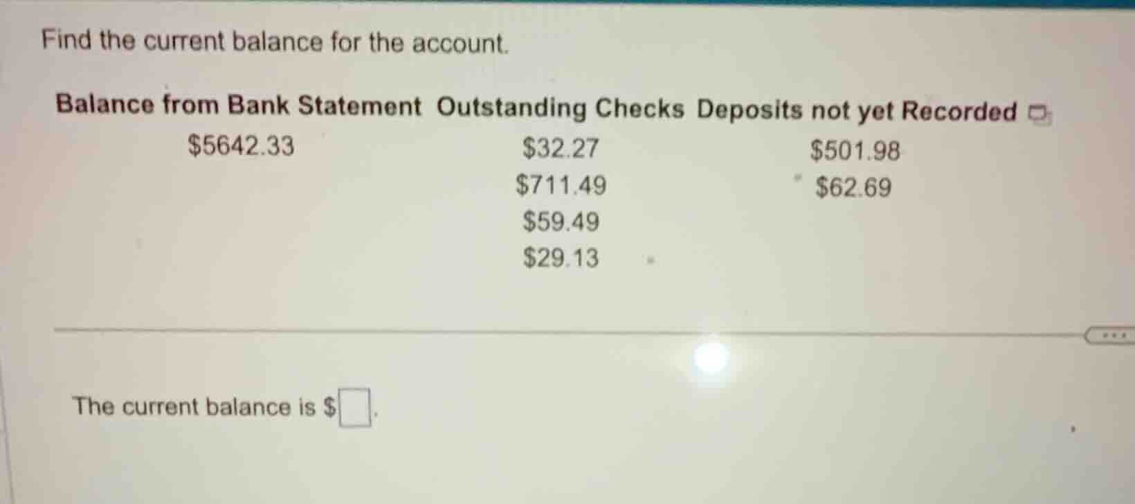 find the current balance for the account. balance from bank statement $…