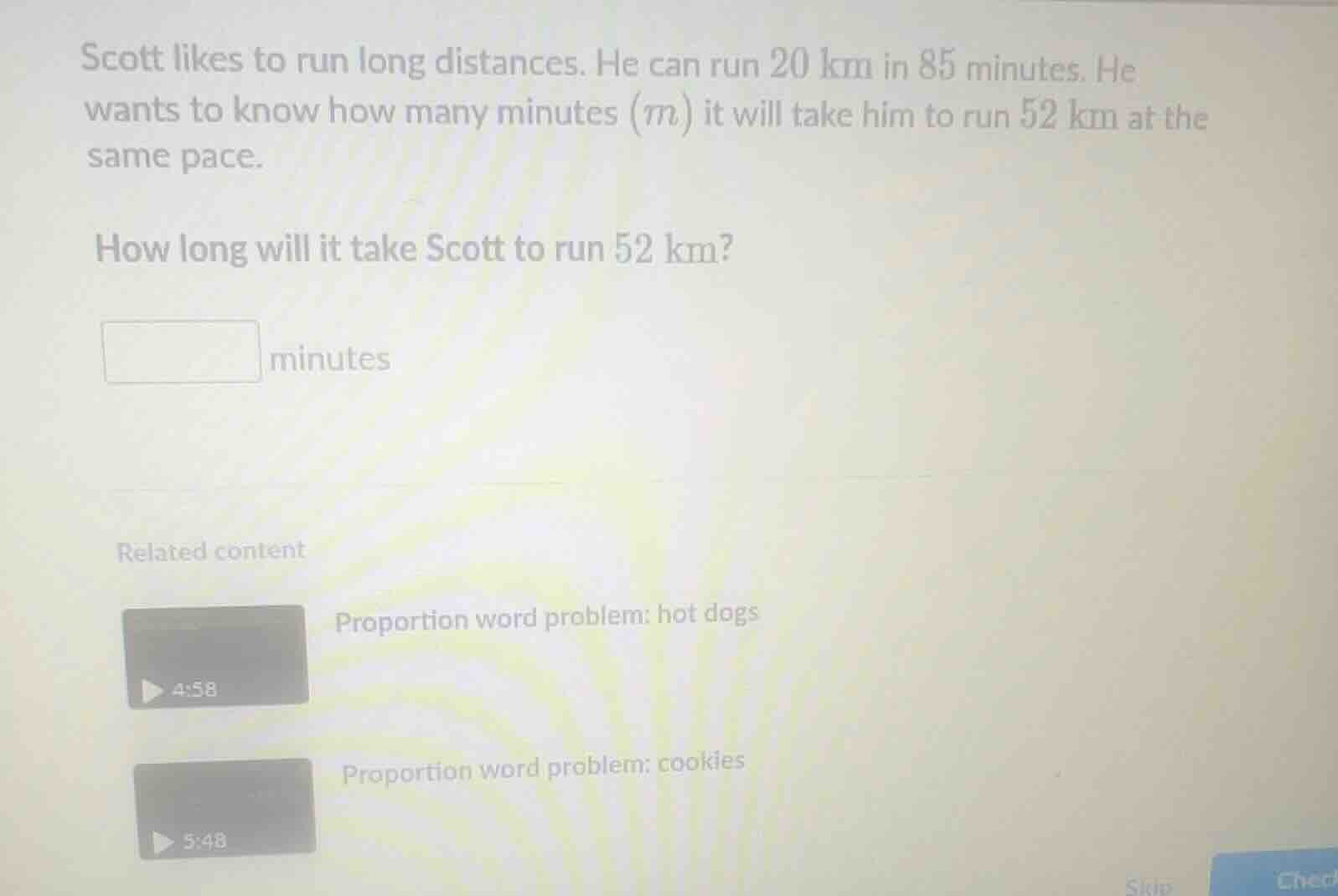 scott likes to run long distances. he can run 20 km in 85 minutes. he w…