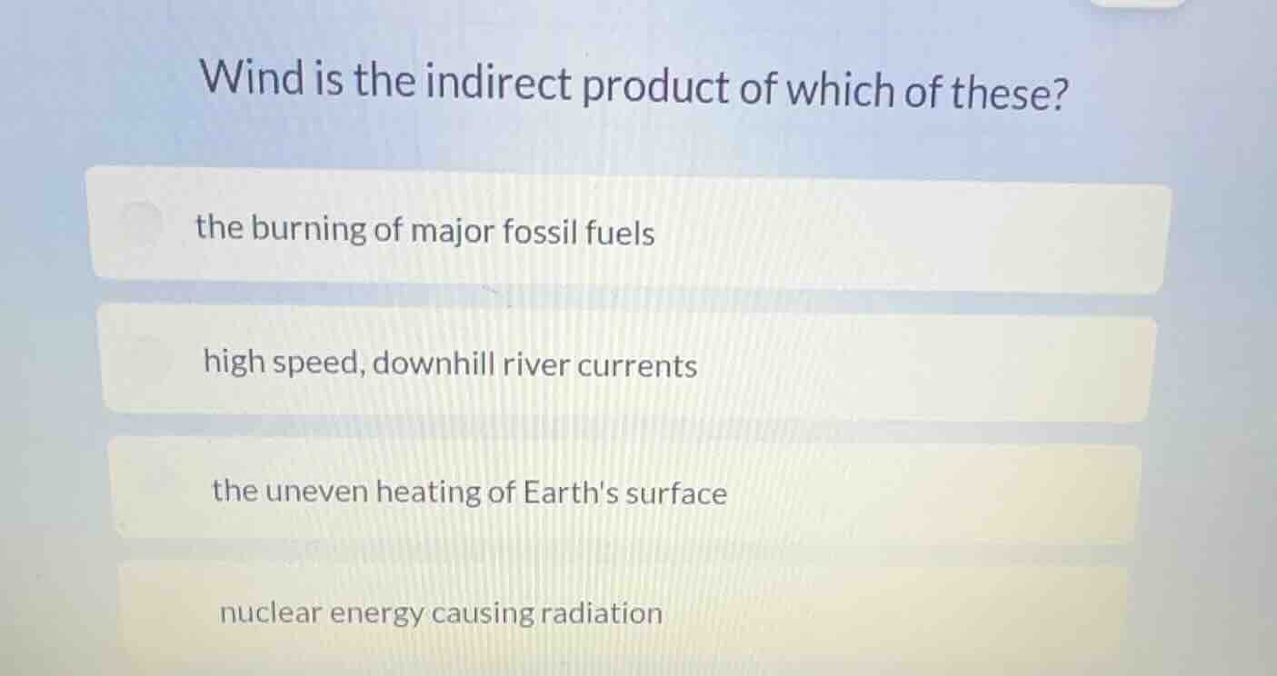wind is the indirect product of which of these? the burning of major fo…