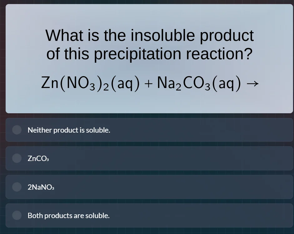 what is the insoluble product of this precipitation reaction? zn(no₃)₂(…