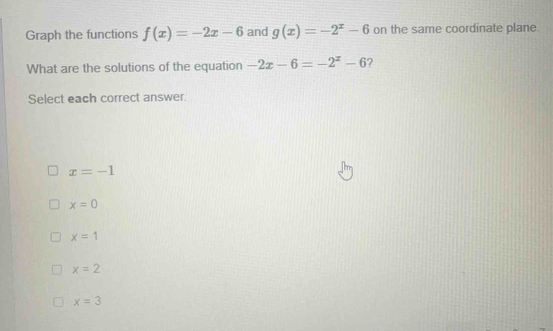 graph the functions $f(x) = -2x - 6$ and $g(x) = -2^x - 6$ on the same …