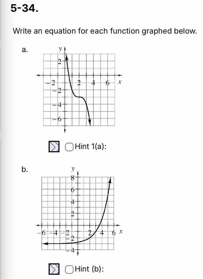 5-34. write an equation for each function graphed below. a. b.