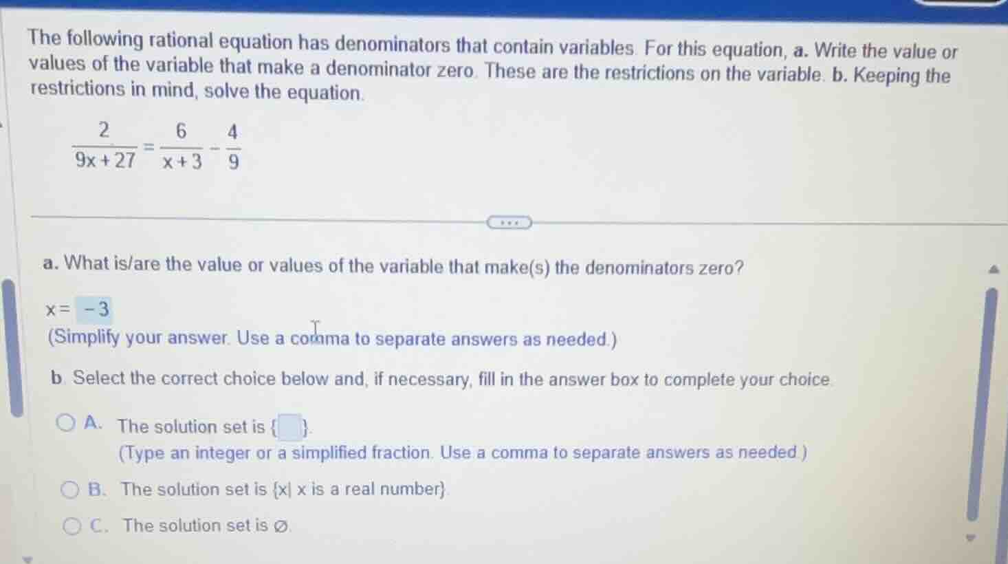 the following rational equation has denominators that contain variables…