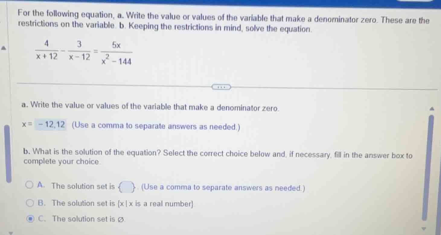 for the following equation, a. write the value or values of the variabl…