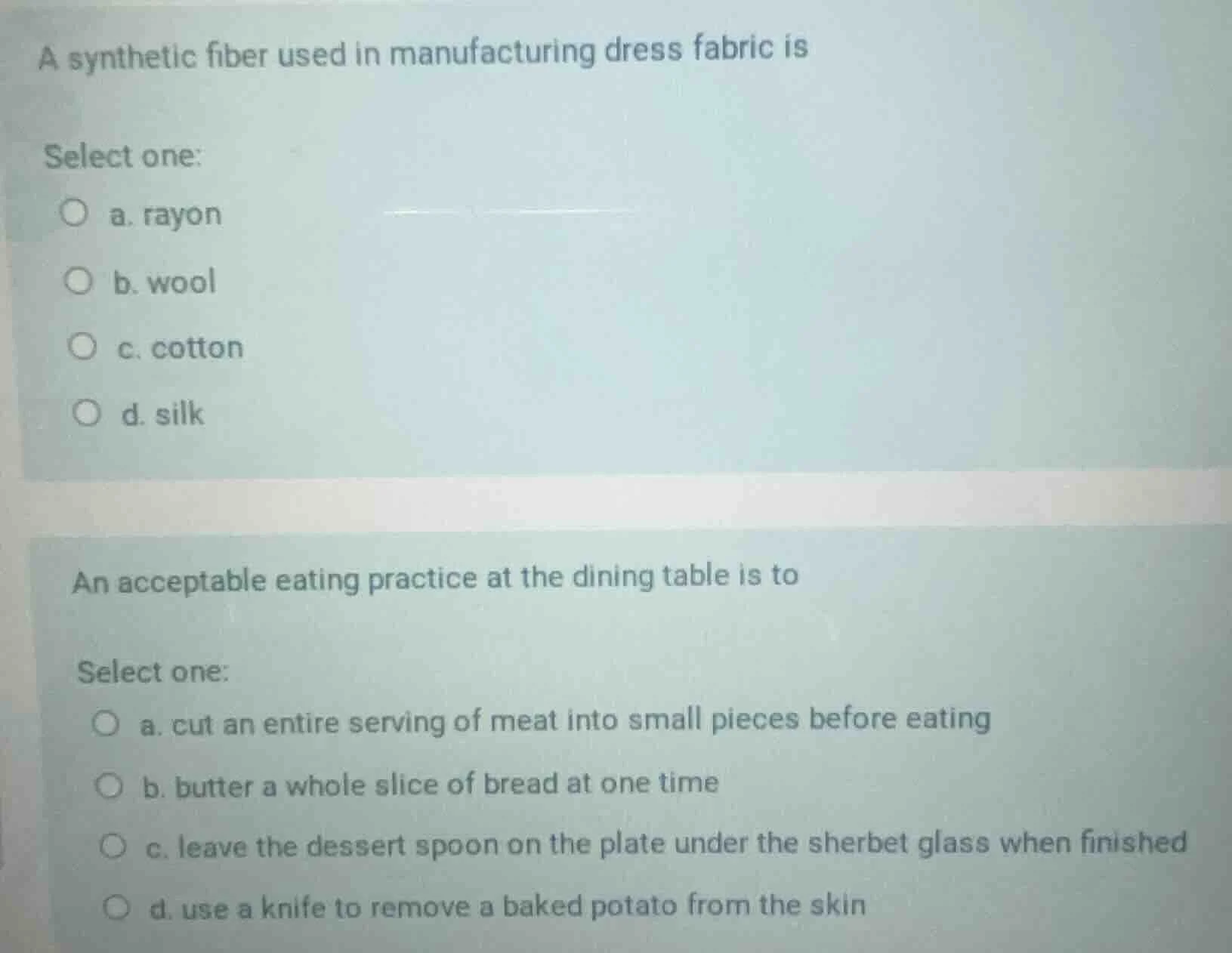 a synthetic fiber used in manufacturing dress fabric is select one: a. …