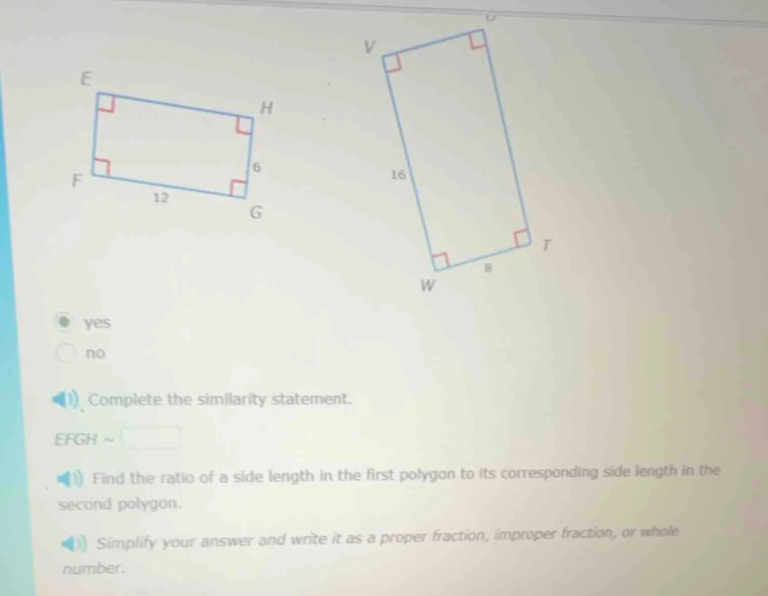 yes no complete the similarity statement. efgh ~ find the ratio of a si…
