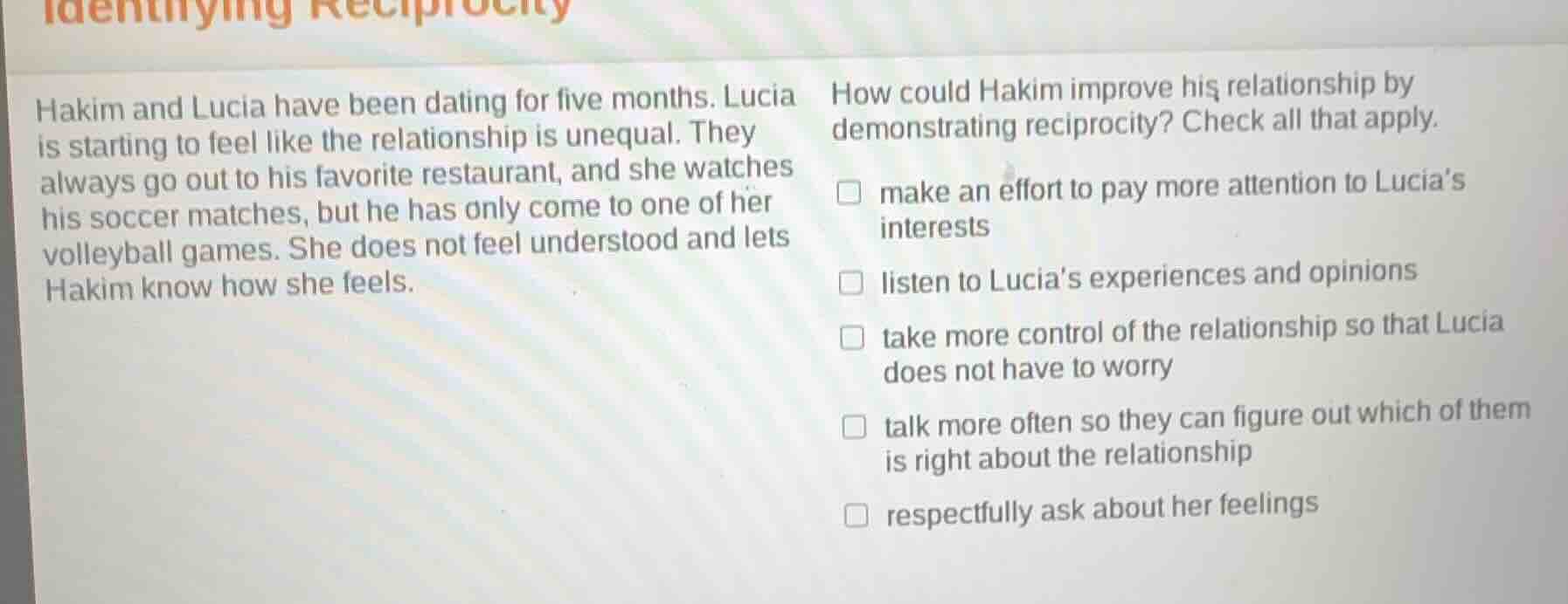 identifying reciprocity hakim and lucia have been dating for five month…