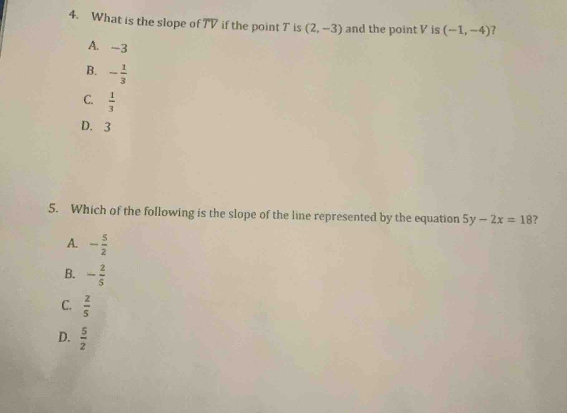 4. what is the slope of ( overline{tv} ) if the point ( t ) is ( (2, -3…