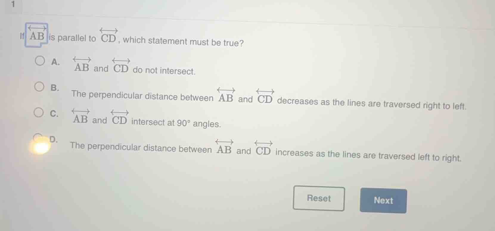 if \\overleftrightarrow{ab} is parallel to \\overleftrightarrow{cd}, wh…