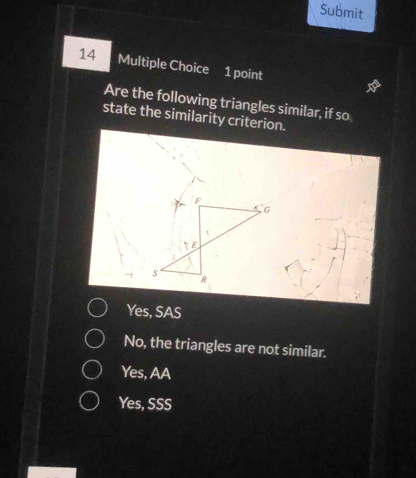 14 multiple choice 1 point are the following triangles similar, if so, …