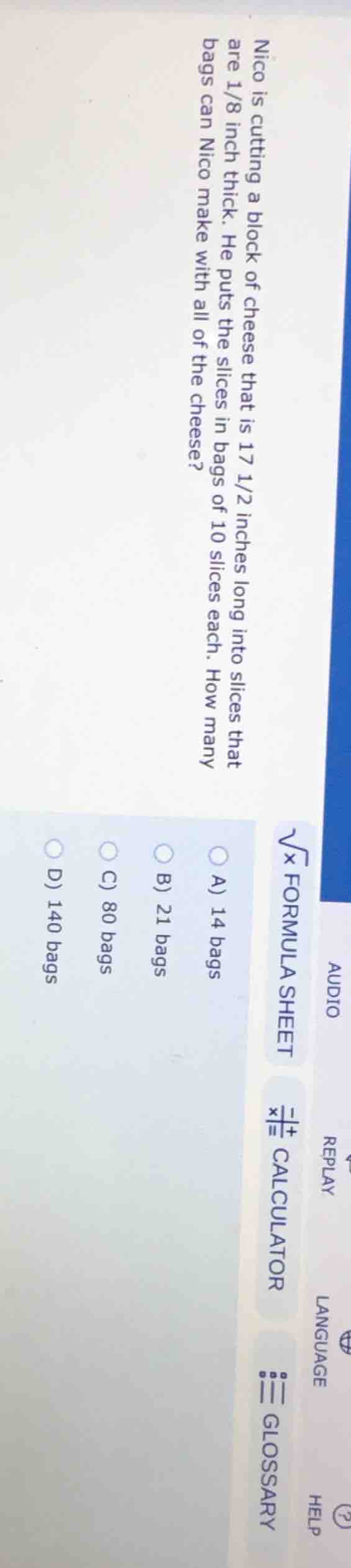 nico is cutting a block of cheese that is 17 1/2 inches long into slice…