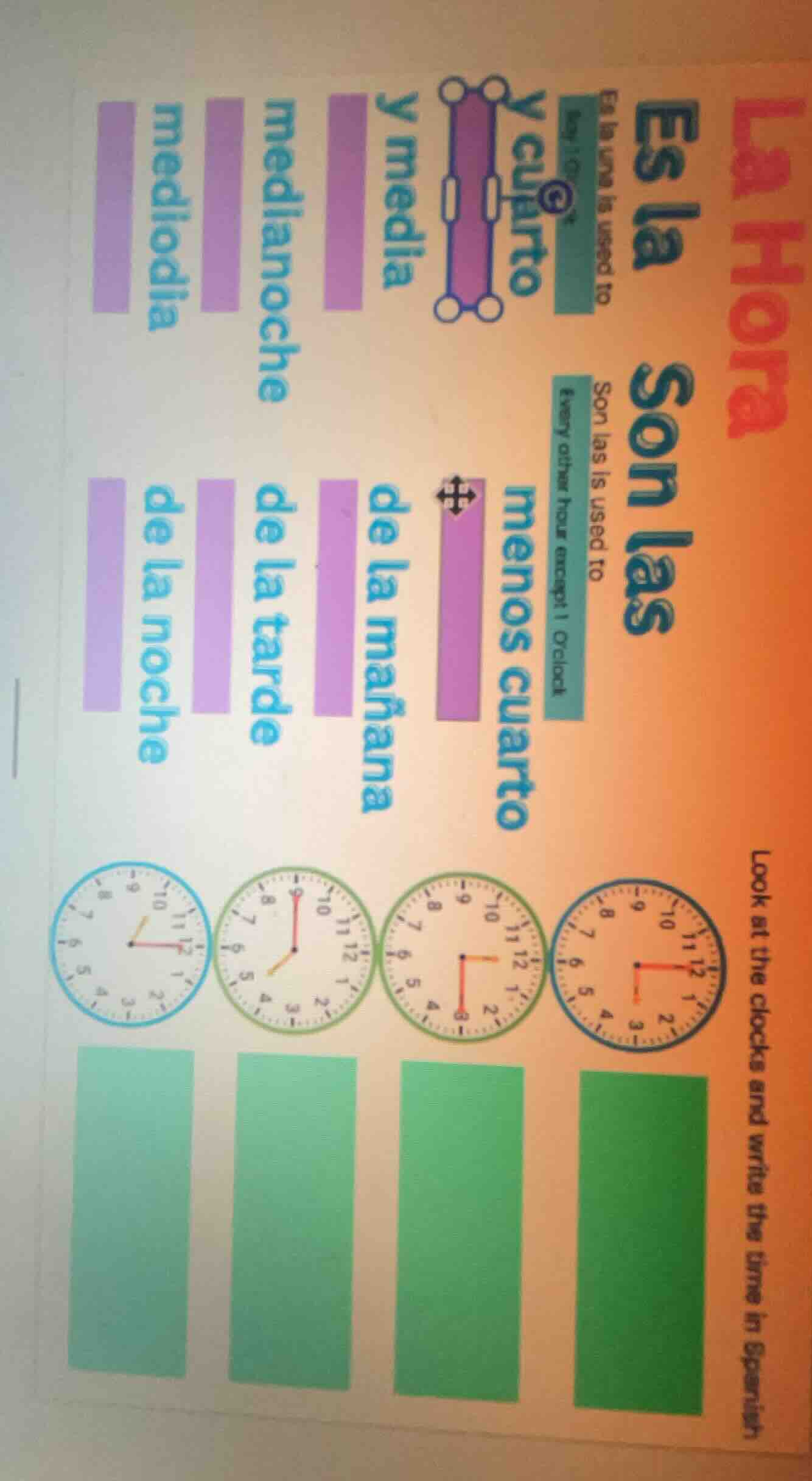 la hora es la es la una is used to y cuarto y media medianoche mediodía…