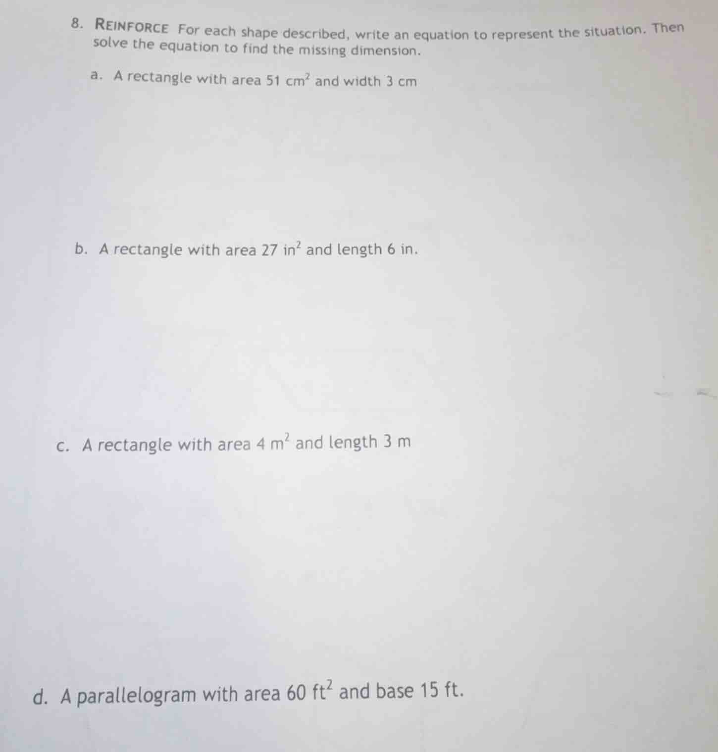 8. reinforce for each shape described, write an equation to represent t…