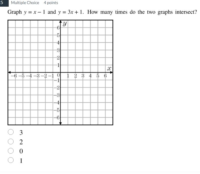 multiple choice 4 points graph ( y = x - 1 ) and ( y = 3x + 1 ). how ma…