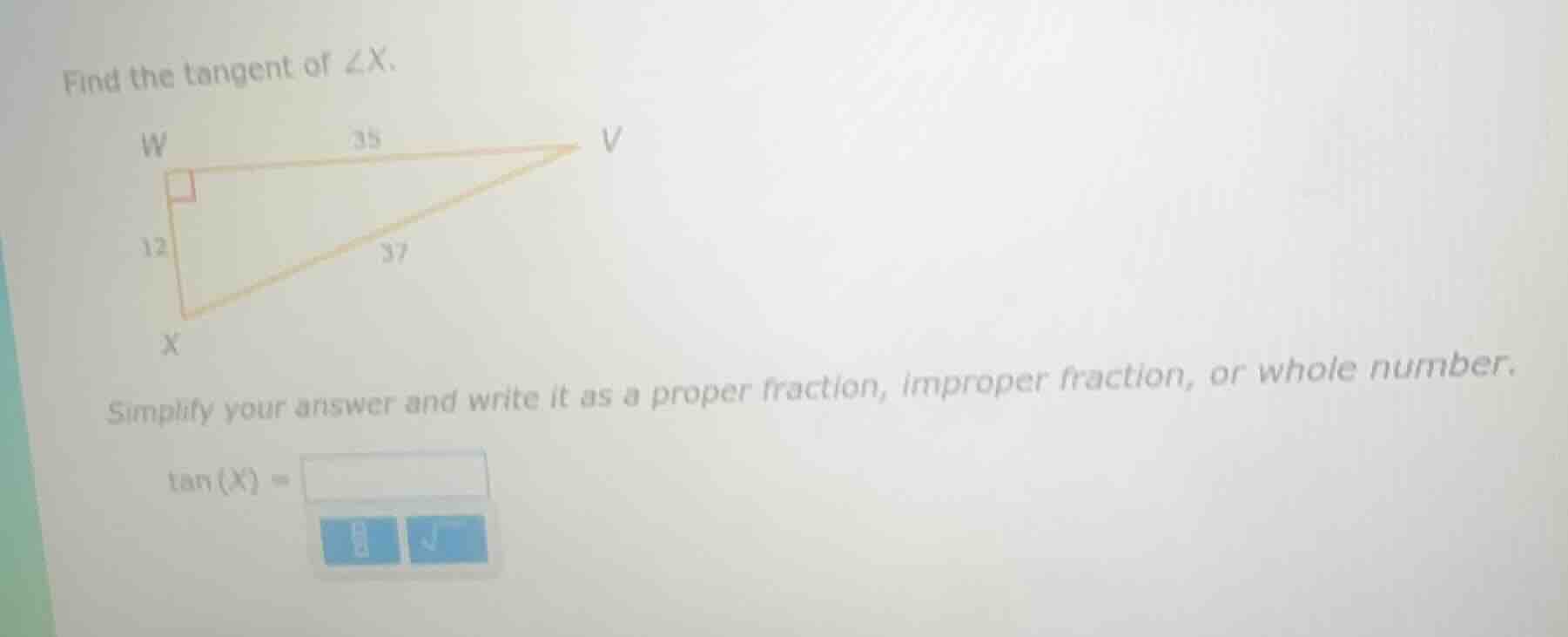 find the tangent of $\\angle x$. simplify your answer and write it as a…