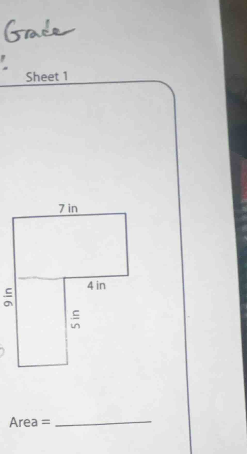 sheet 1 7 in 4 in 9 in 5 in area = ____________