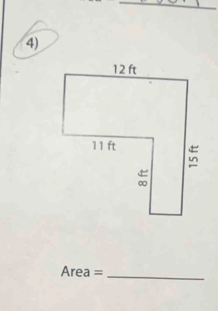 4) 12 ft 11 ft 8 ft 15 ft area =