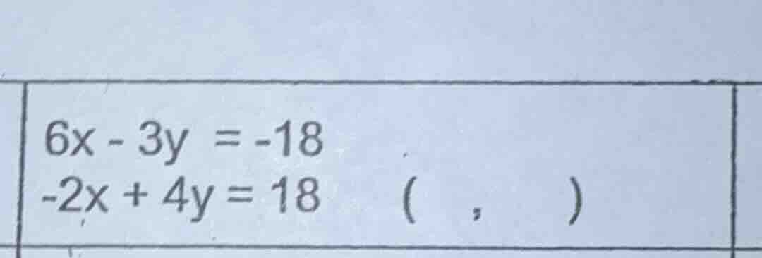 6x - 3y = -18\ -2x + 4y = 18 ( , )