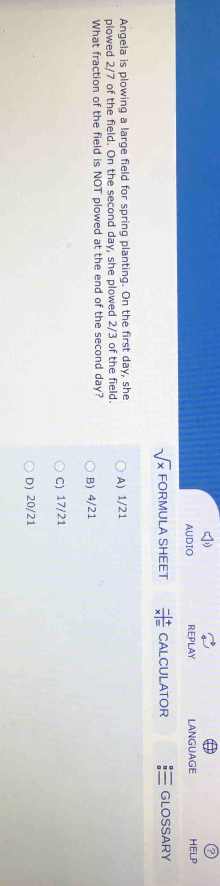 angela is plowing a large field for spring planting. on the first day, …