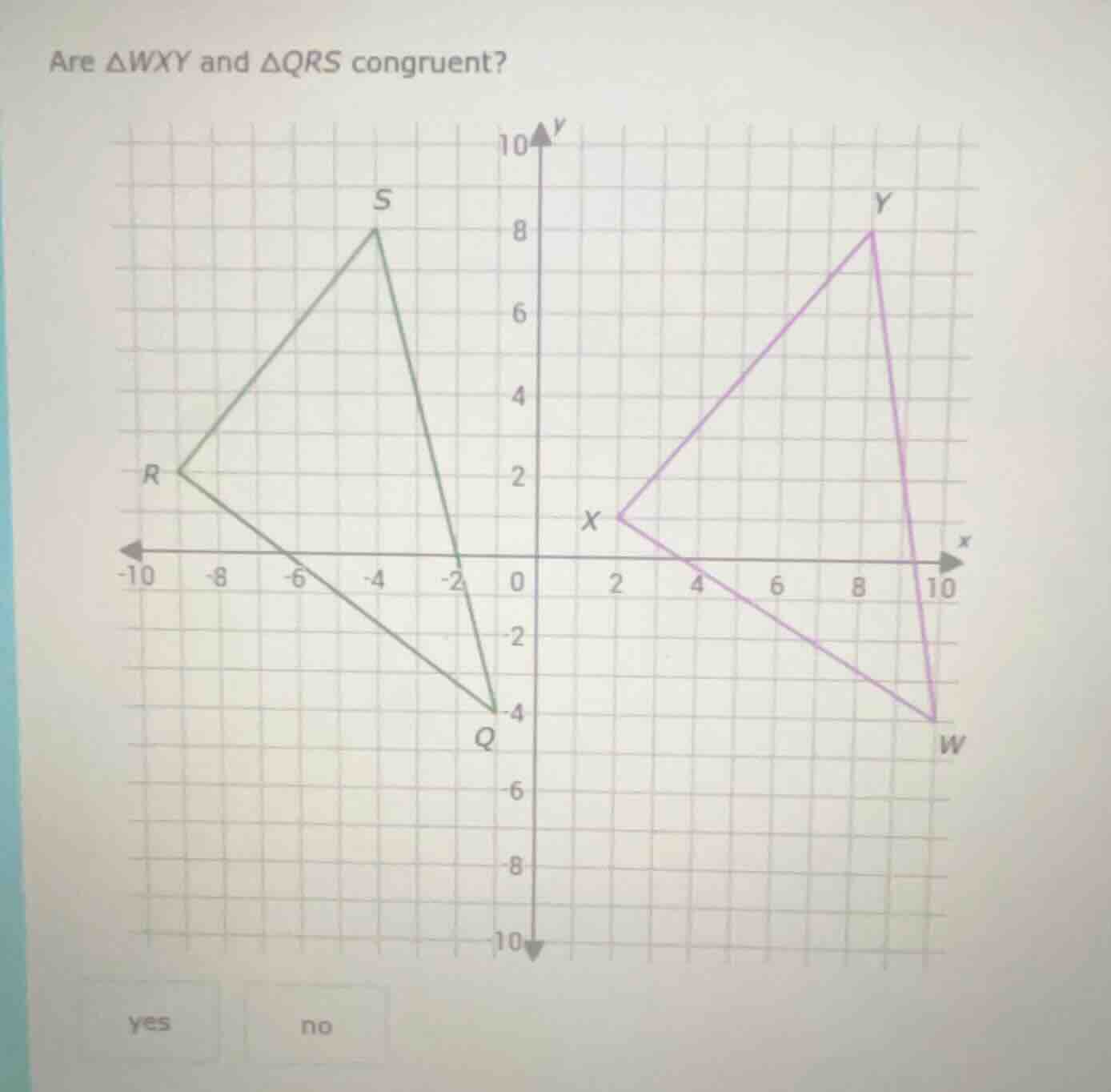 are $\\triangle wxy$ and $\\triangle qrs$ congruent? yes no