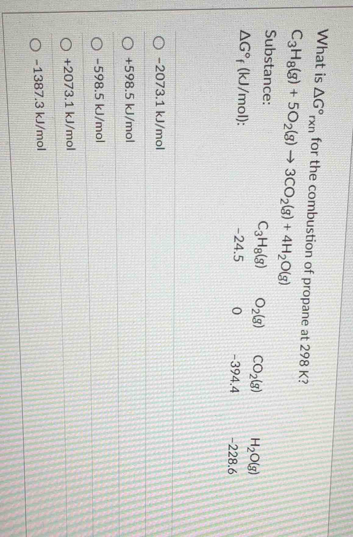 what is $\\delta g^\\circ_{\\text{rxn}}$ for the combustion of propane …
