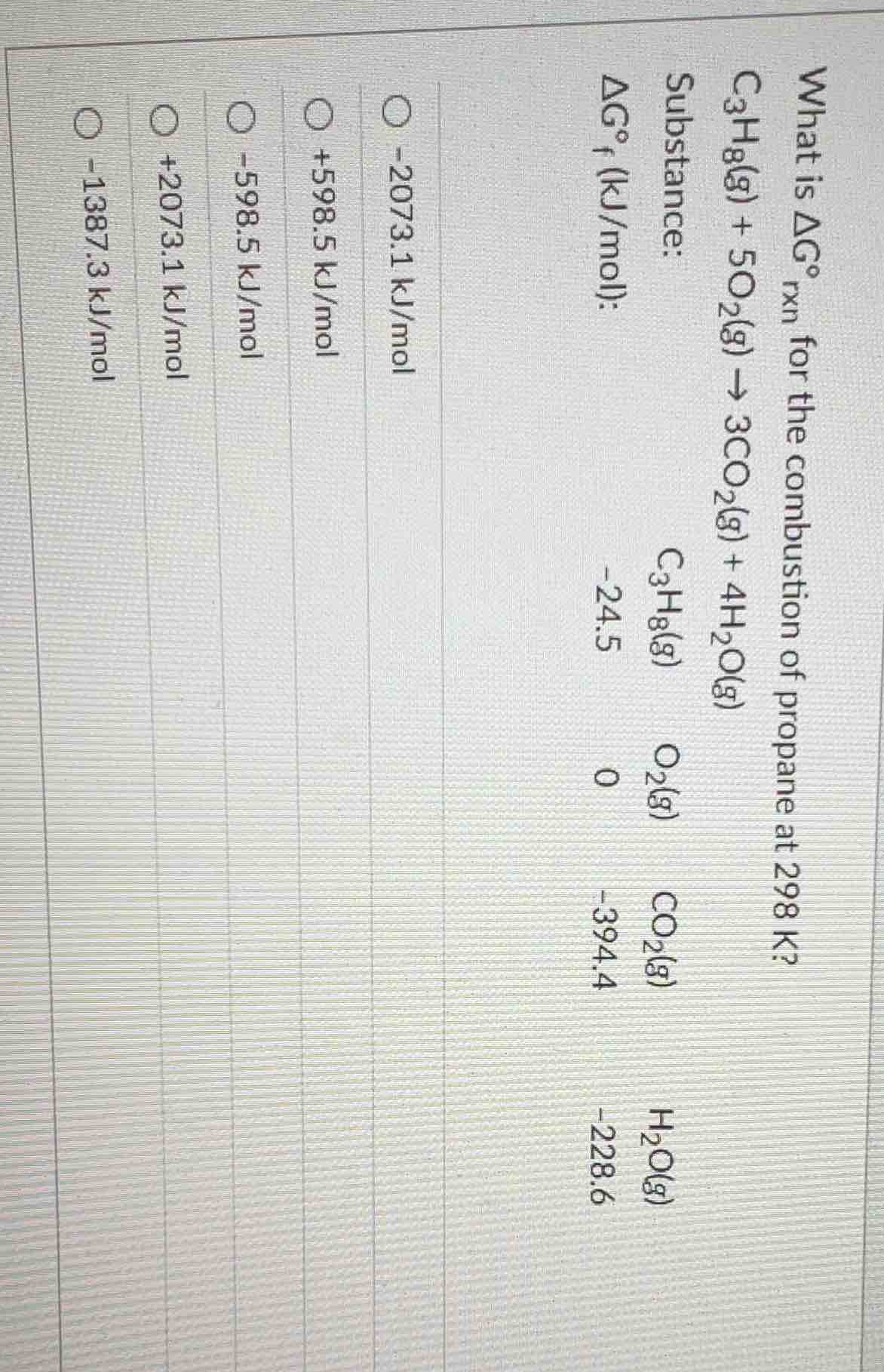 what is $\\delta g^\\circ_{\\text{rxn}}$ for the combustion of propane …