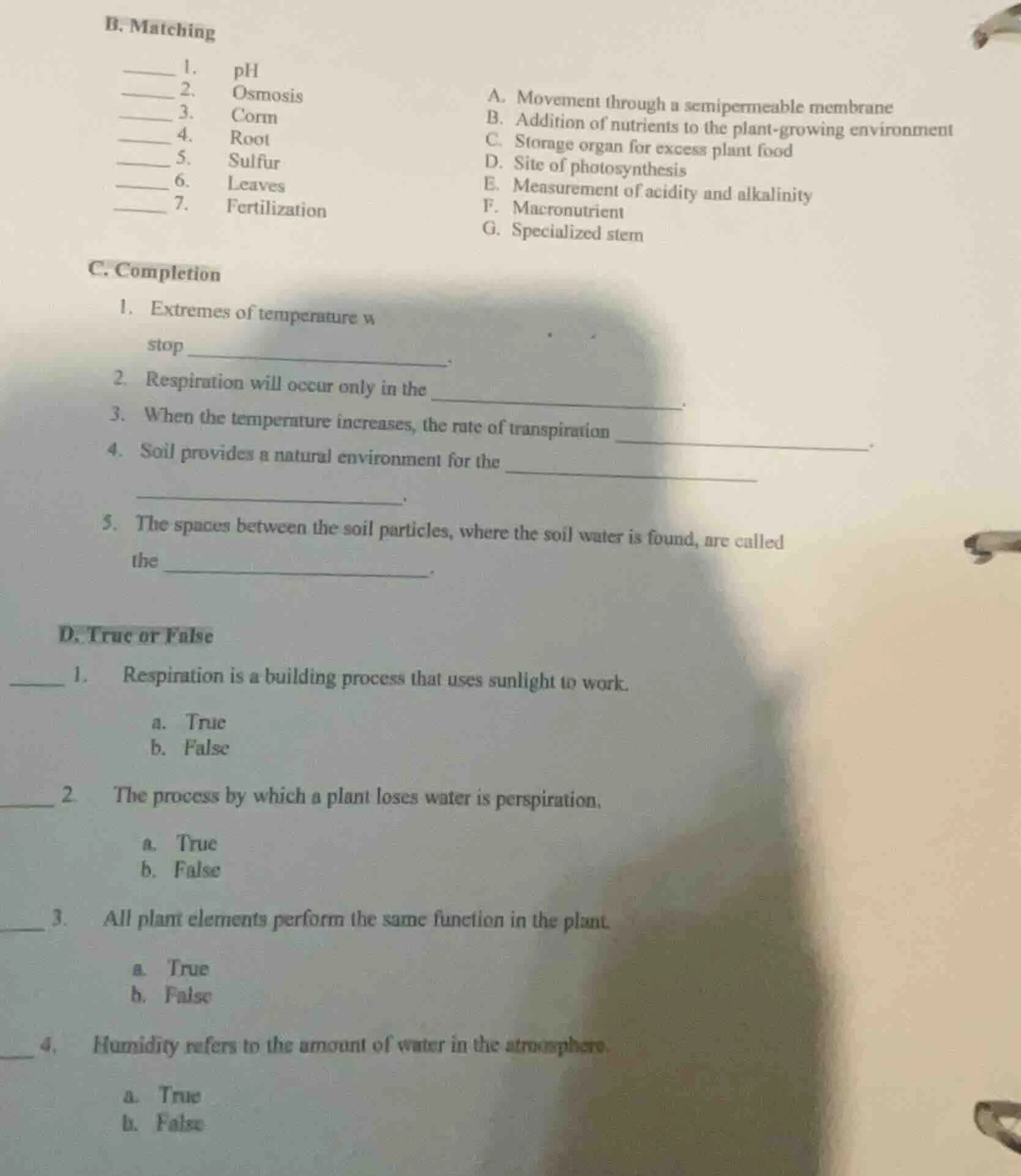 b. matching ______ 1. ph ______ 2. osmosis ______ 3. corn ______ 4. roo…