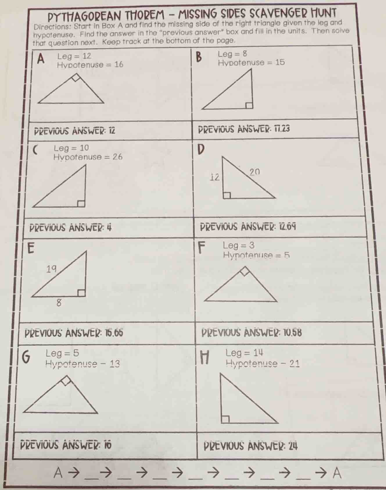 pythagorean theorem - missing sides scavenger hunt directions: start in…