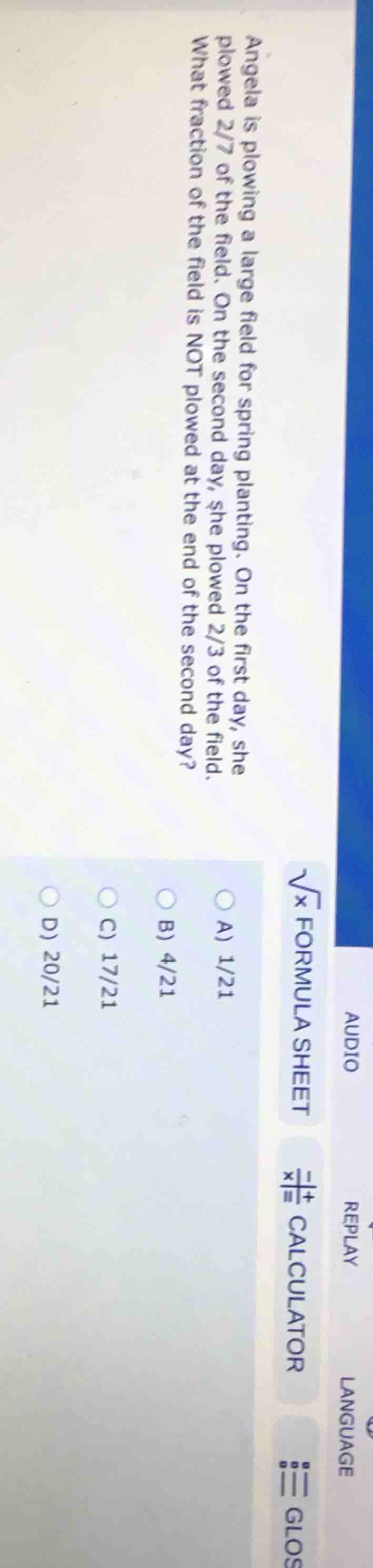 angela is plowing a large field for spring planting. on the first day, …