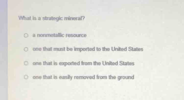 what is a strategic mineral? a nonmetallic resource one that must be im…