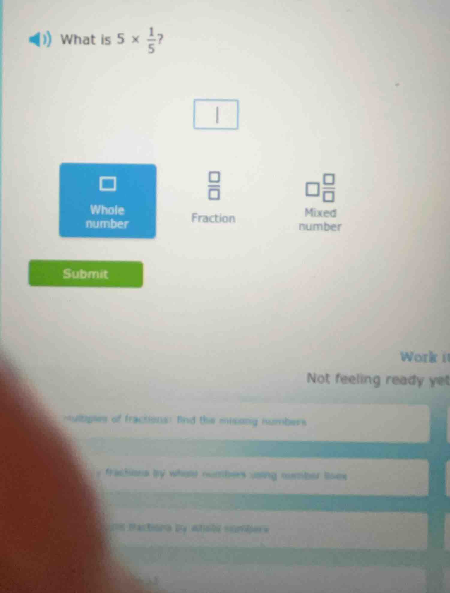 what is $5 \\times \\frac{1}{5}$? whole number fraction mixed number su…