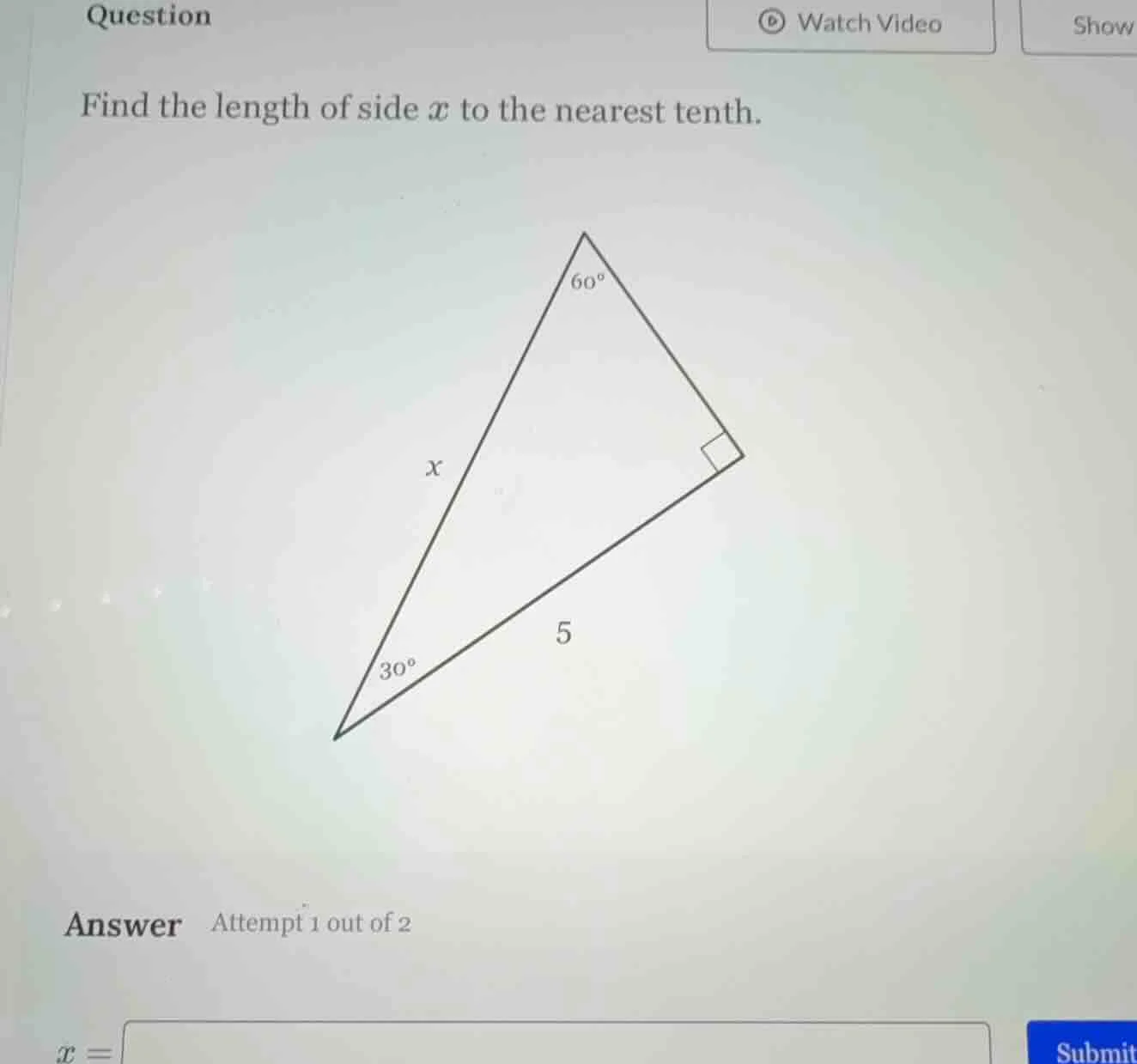 question find the length of side ( x ) to the nearest tenth. answer att…