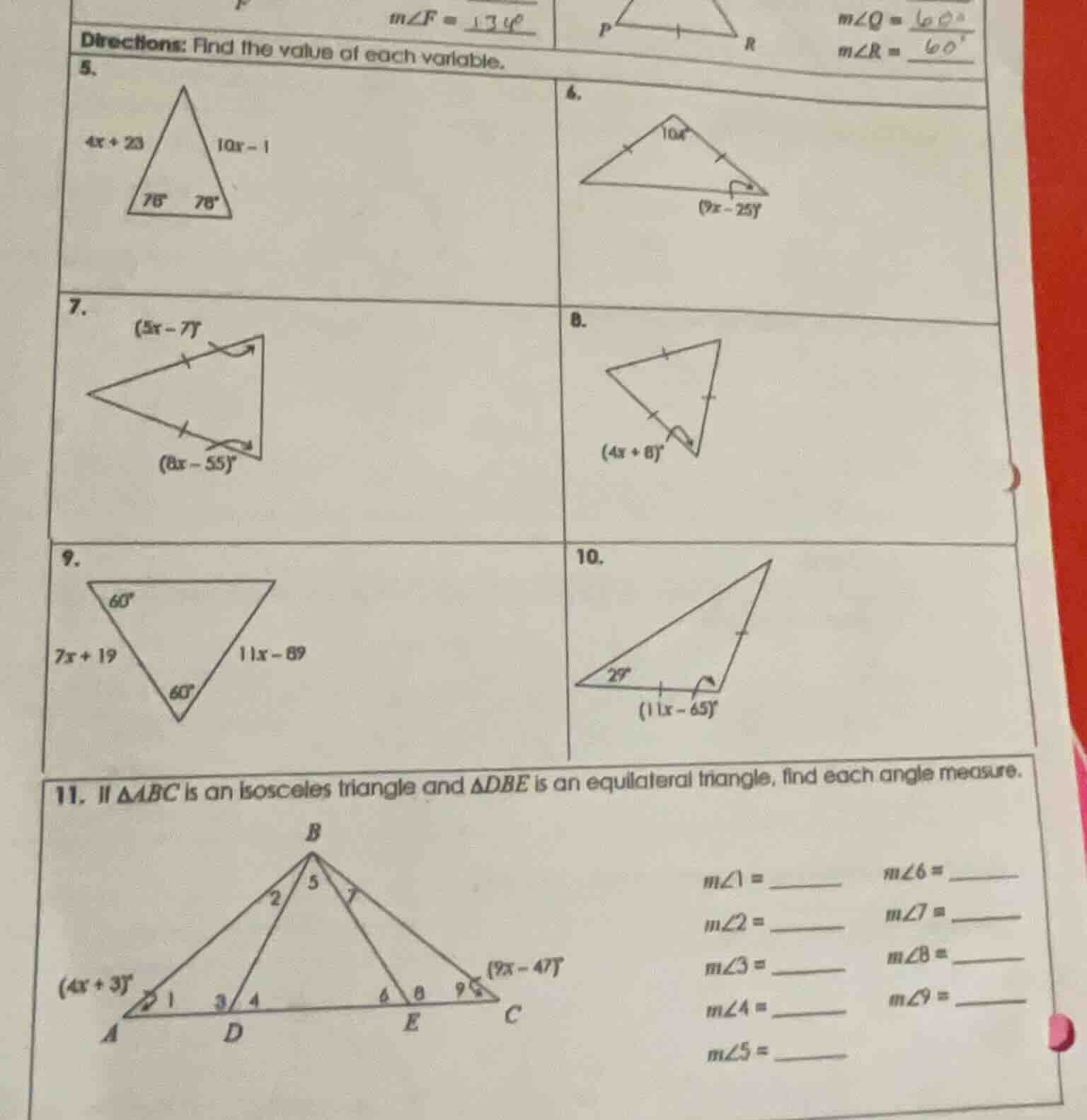 directions: find the value of each variable. 5. 4. 7. 8. 9. 10. 11. if …