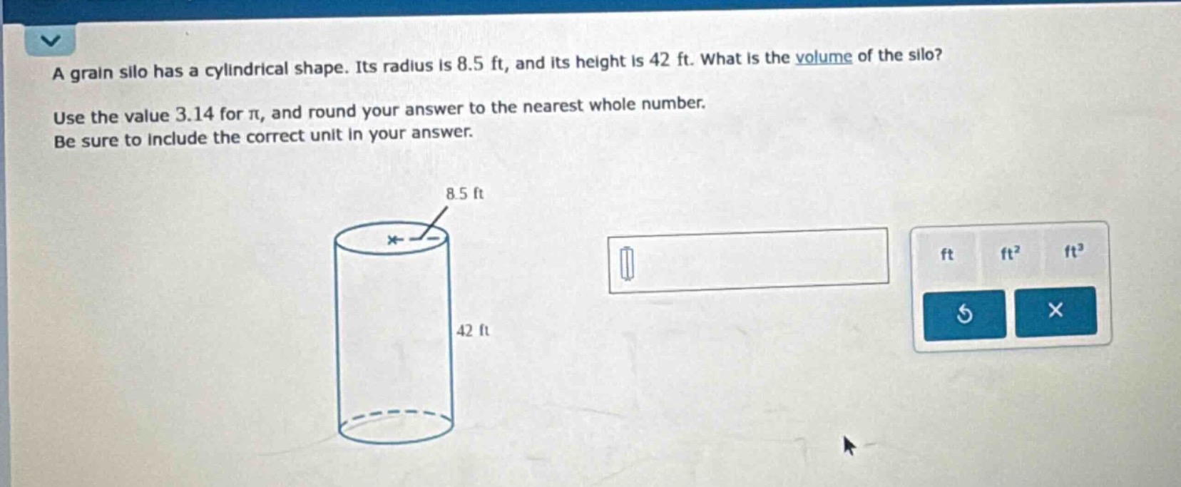 a grain silo has a cylindrical shape. its radius is 8.5 ft, and its hei…