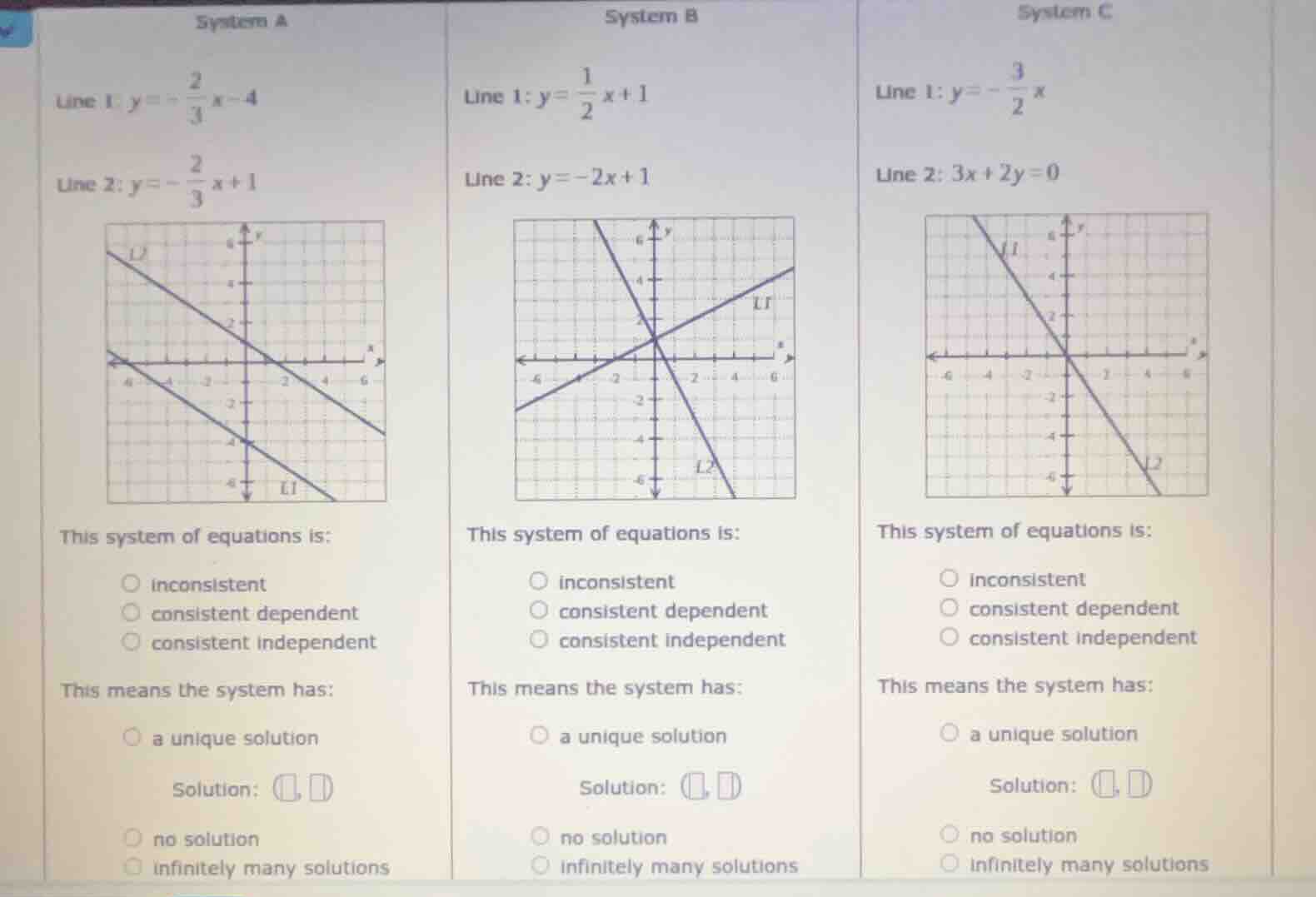 system a line 1: $y = -\frac{2}{3}x - 4$ line 2: $y = -\frac{2}{3}x + 1…