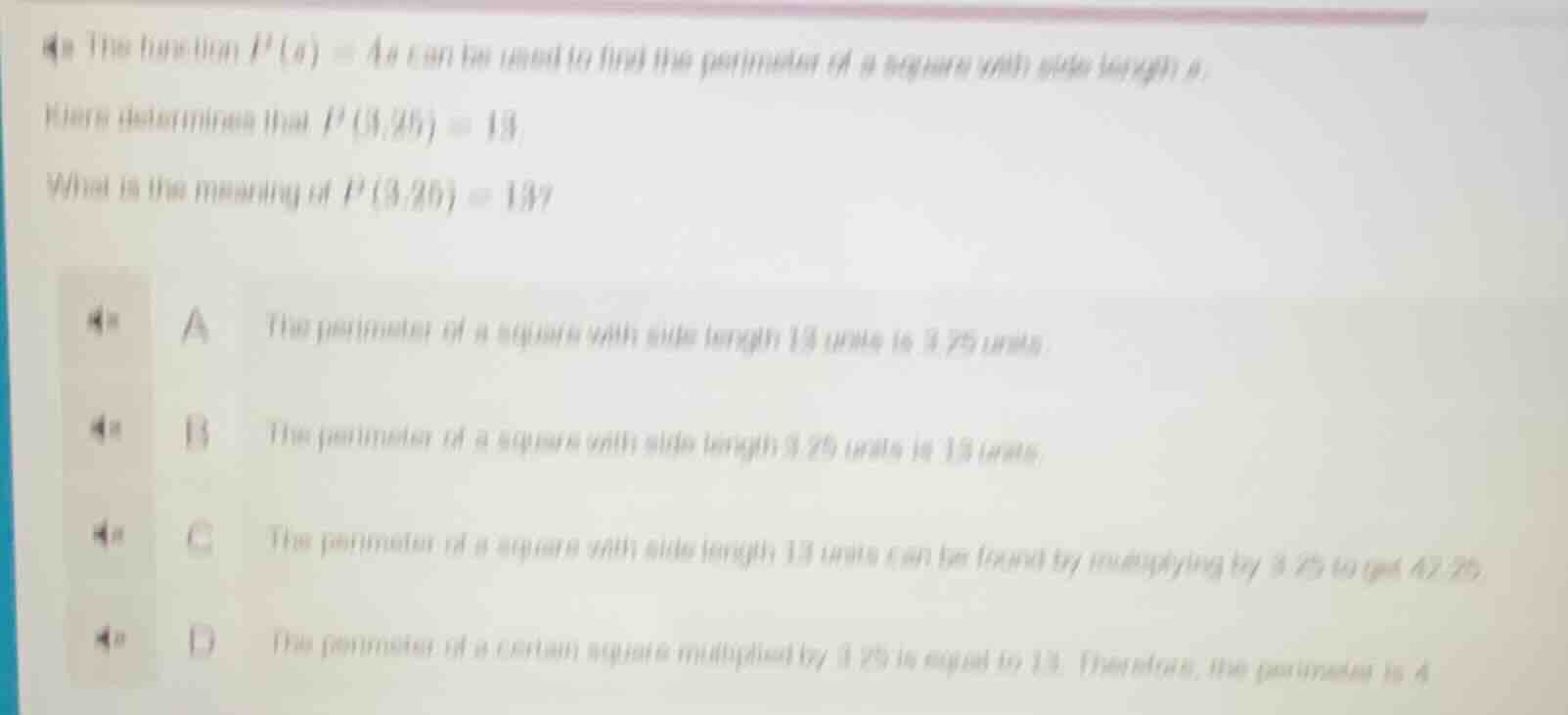 the function ( p(x) = 4x ) can be used to find the perimeter of a squar…