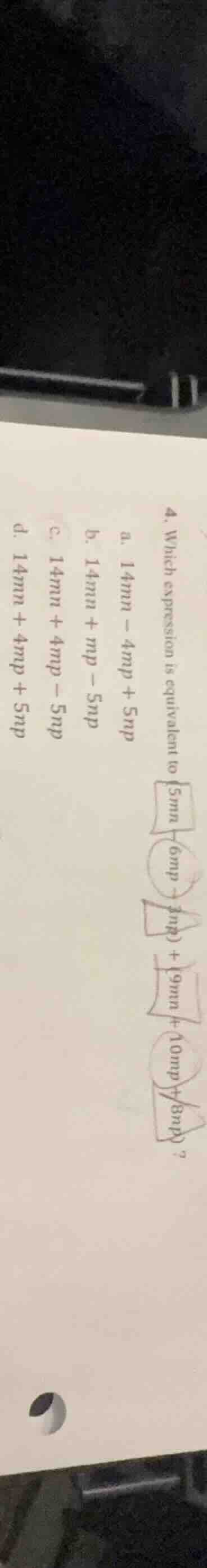 4. which expression is equivalent to \\(5mn - 6mp - 3np + 9mn + 10mp + …