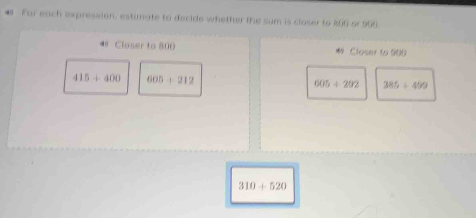 for each expression, estimate to decide whether the sum is closer to 80…