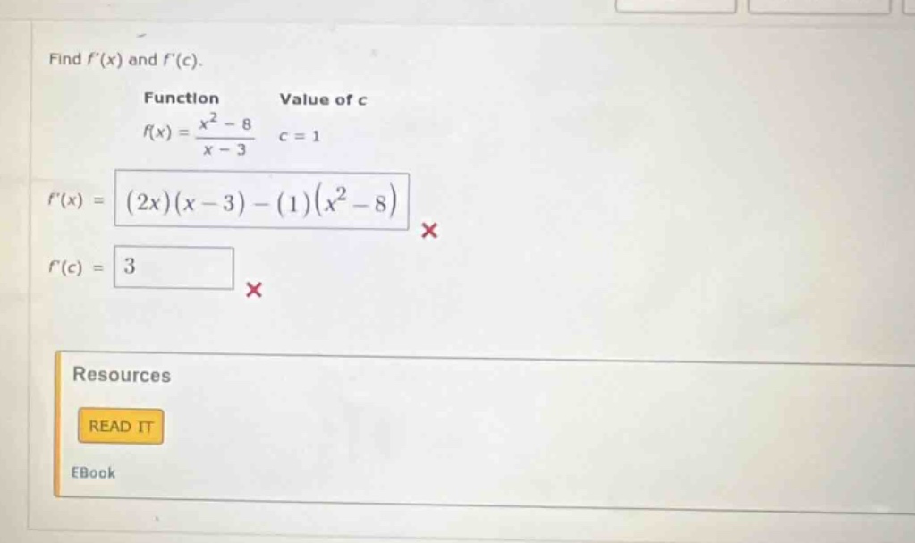 find $f(x)$ and $f(c)$. function: $f(x) = \\frac{x^2 - 8}{x - 3}$, valu…