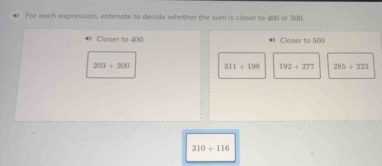 for each expression, estimate to decide whether the sum is closer to 40…