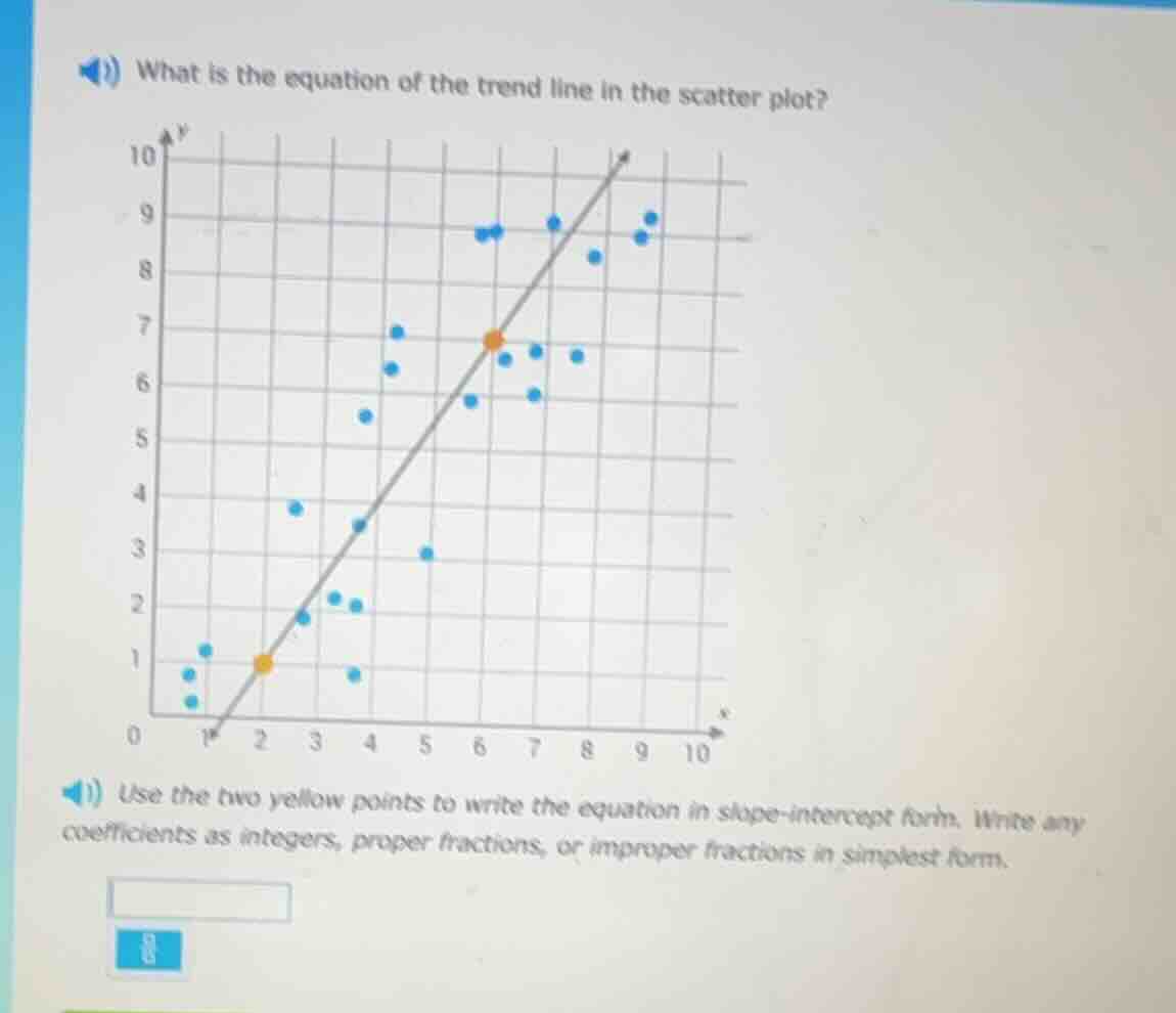 1) what is the equation of the trend line in the scatter plot? 1) use t…