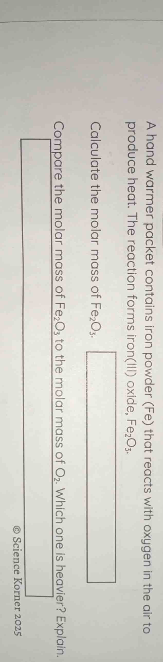 a hand warmer packet contains iron powder (fe) that reacts with oxygen …