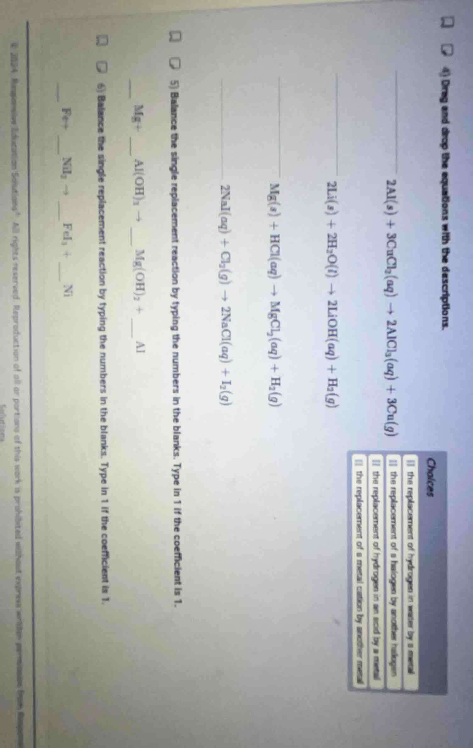 4) drag and drop the equations with the descriptions. 2al(s) + 3cucl₂(a…