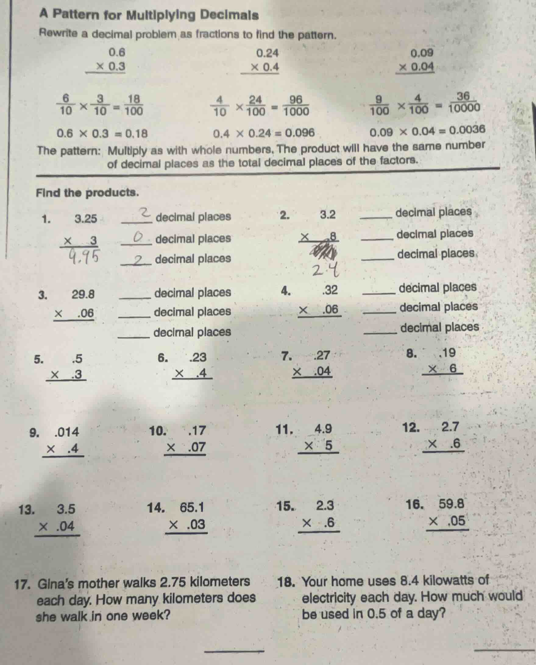 a pattern for multiplying decimals rewrite a decimal problem as fractio…