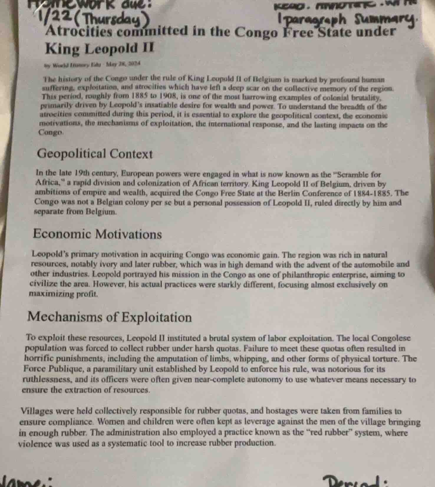 homework due: 1/22(thursday) read. 1paragraph summary. atrocities commi…