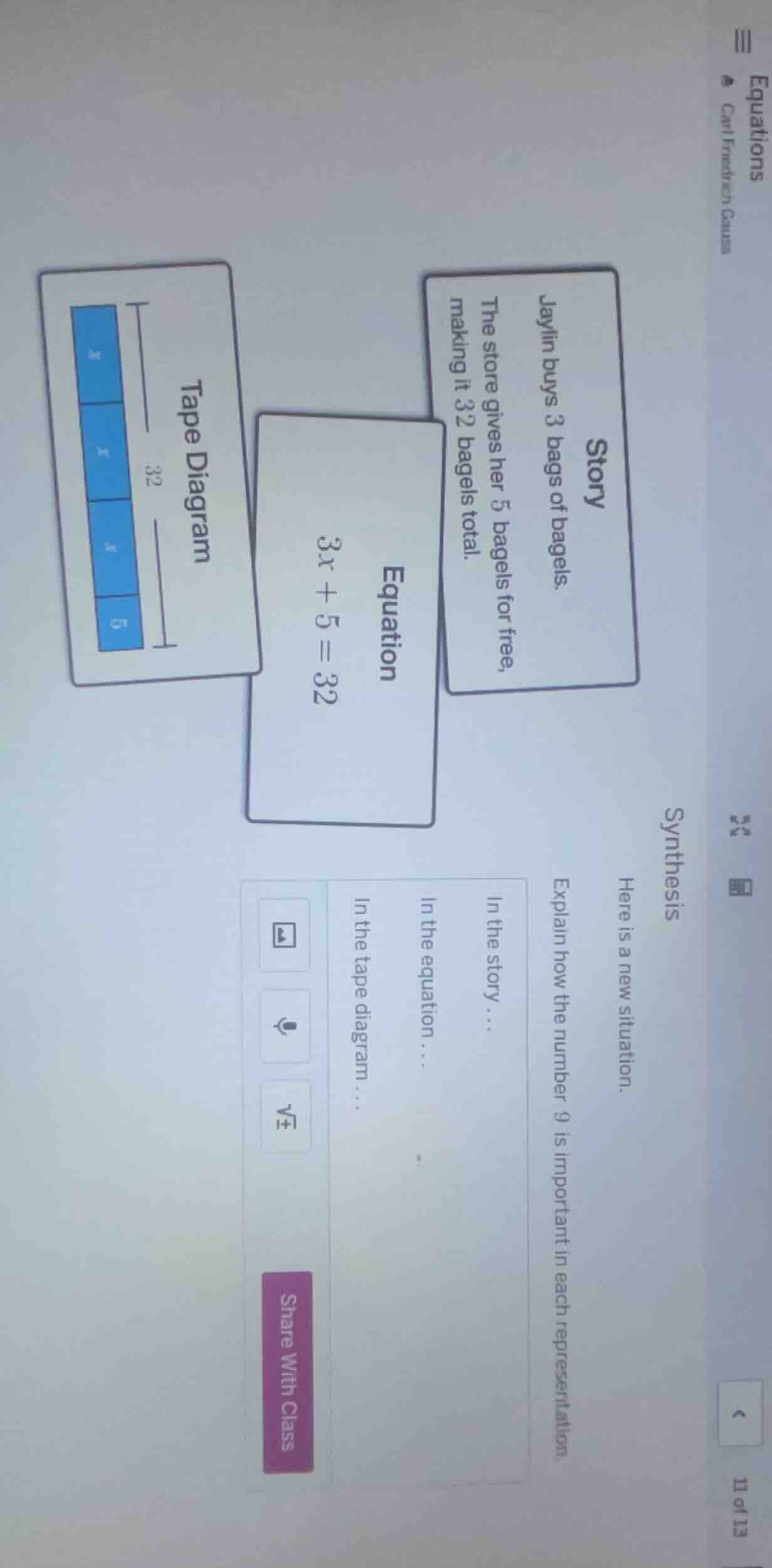 story jaylin buys 3 bags of bagels. the store gives her 5 bagels for fr…