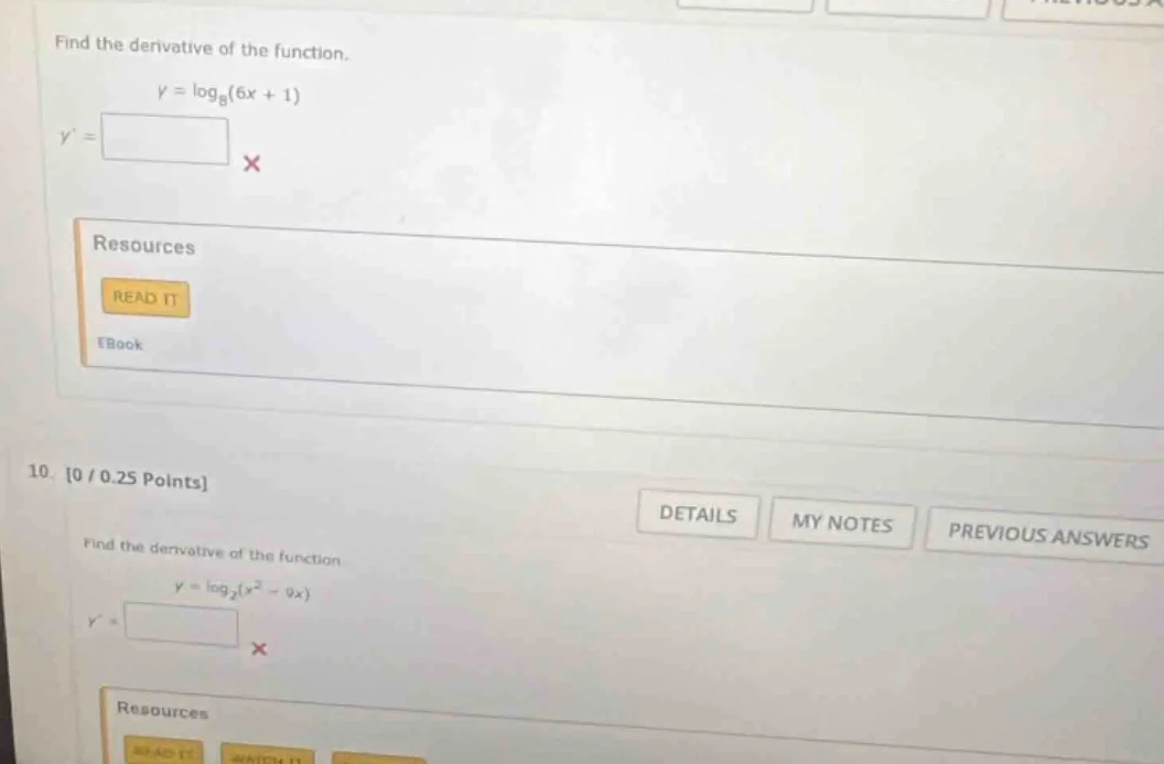 find the derivative of the function. \\( y = log_8(6x + 1) \\) \\( y = …