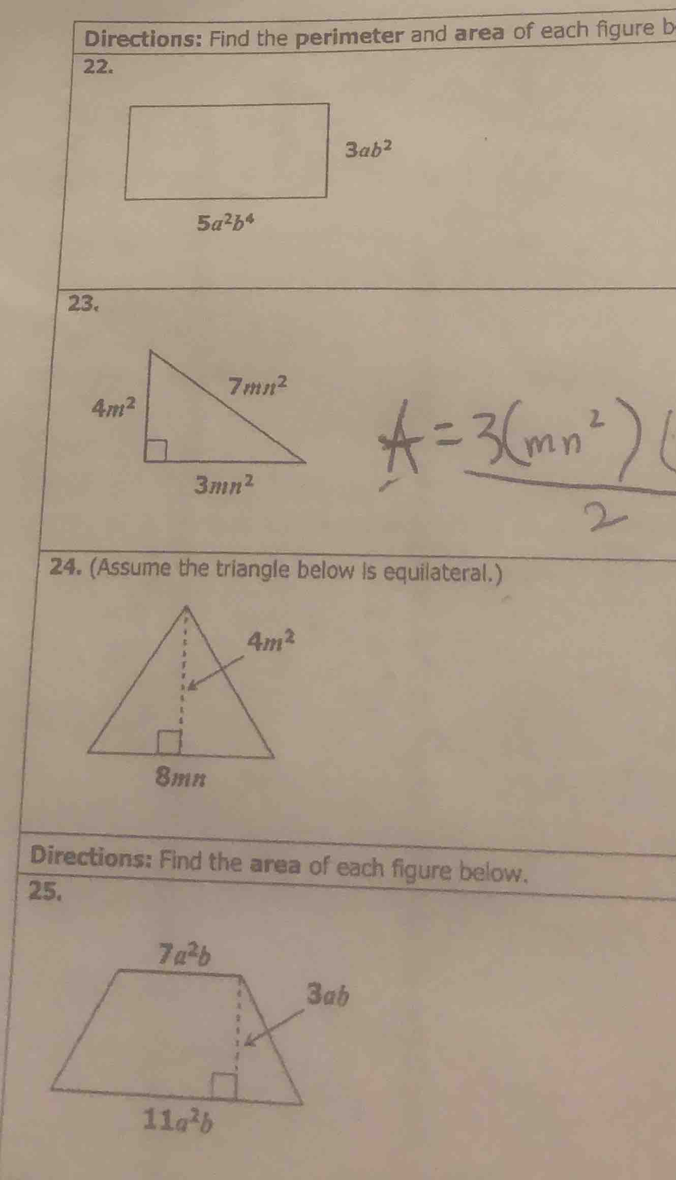 directions: find the perimeter and area of each figure b 22. 3ab² 5a²b⁴…