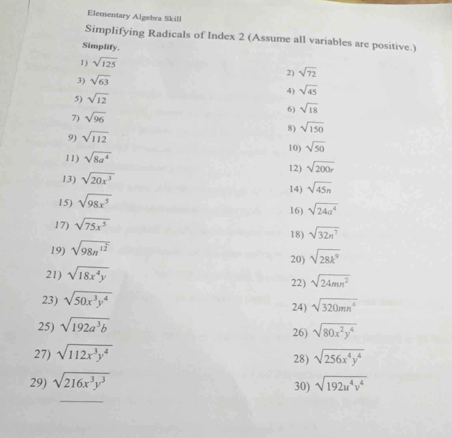 elementary algebra skill simplifying radicals of index 2 (assume all va…