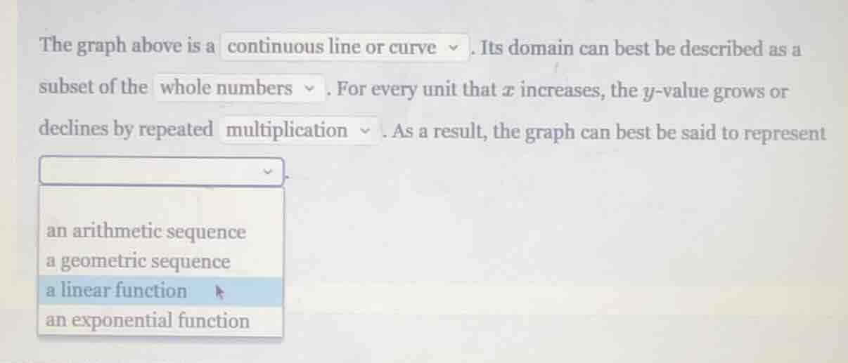 the graph above is a continuous line or curve. its domain can best be d…